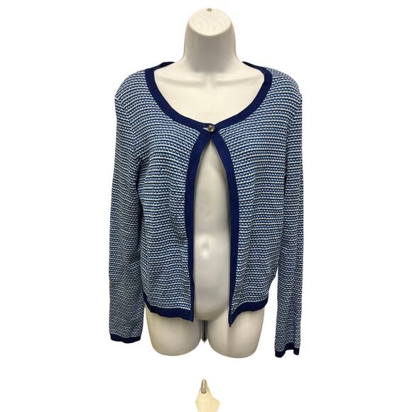 Liz Claiborne Sweaters - Liz Claiborne Cardigan SZ M Blue White One Button Front Knit Sweater Cotton Navy